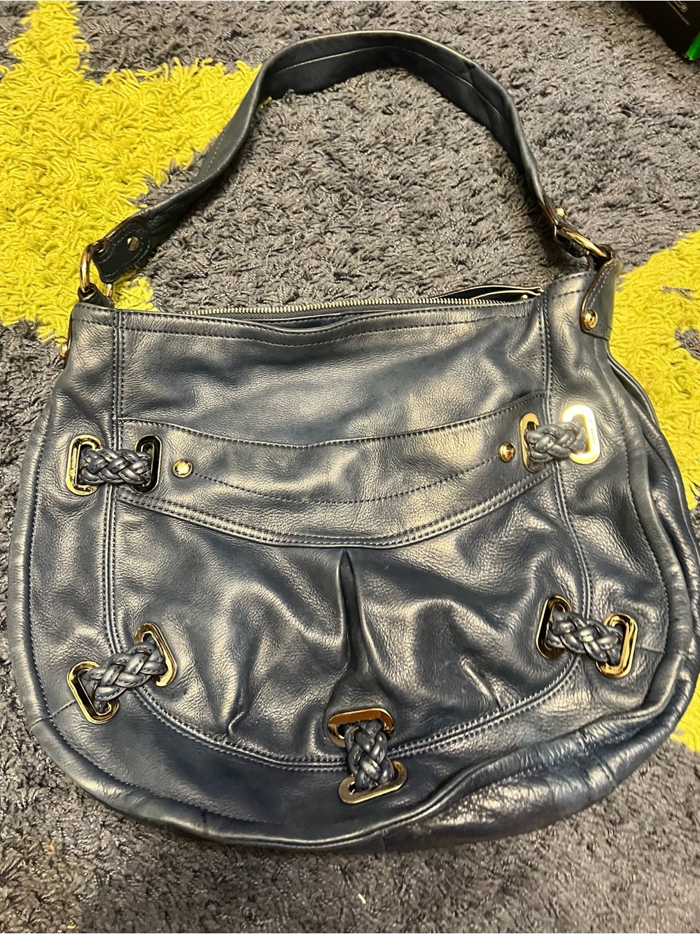 B. Makowsky Navy Blue Soft Leather Shoulder Bag Leopard Print Lining Braided